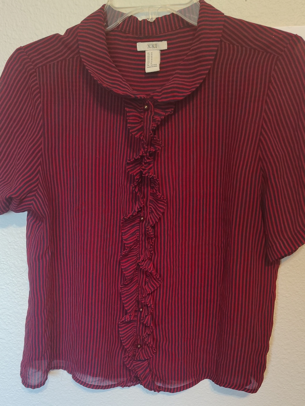 Forever 21 Burgundy and Black Striped Ruffle Front Blouse